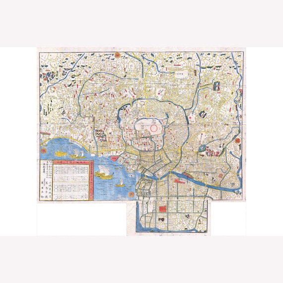 戦前右書大正時代末期〜昭和前半期頃旧家蔵出縦５６Ｘ横４０センチ時代印刷額装品 Japanese Woodcut Map of Edo or Tokyo Japan; 1849 Edo Period
