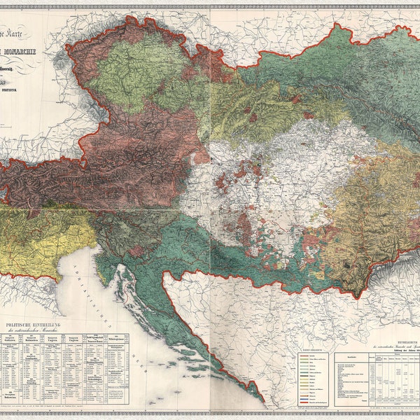 Austrian Empire Ethnographic 1855; Antique Map; Superb Historic Cartography -  Teak Wood Magnetic Hanger Frame Optional