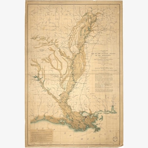 Map of the Alluvial region of Mississippi River, Antique Map, 1861 - Teak Wood Magnetic Hanger Frame Optional
