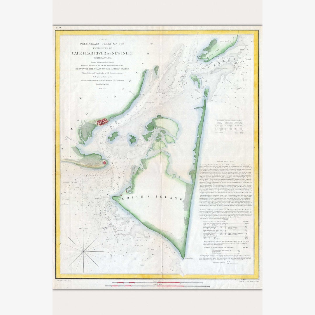 Cape Fear North Carolina; Antique Map Coastal Chart