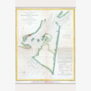 May include: An antique map of the Cape Fear River and New Inlet in North Carolina. The map is hand-colored and shows the coastline, inlets, and surrounding land. The map is titled "Preliminary Chart of the Entrances to Cape Fear River and New Inlet, North Carolina."