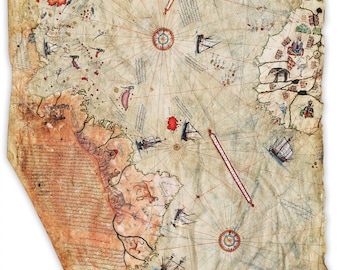 Ottoman Empire Map; Historical 1513 Piri Reis Reproduction - Teak Wood Magnetic Hanger Frame Optional