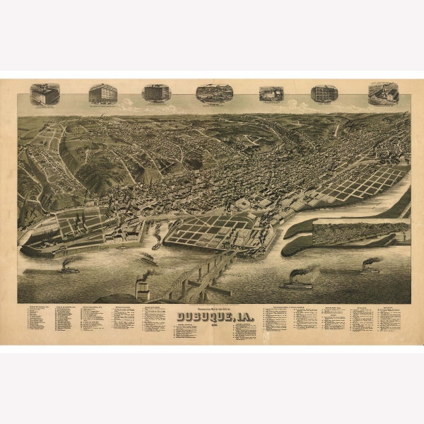 Map Of Dubuque, Iowa; Antique Map; Pictorial or Birdseye Map, 1889 -  Teak Wood Magnetic Hanger Frame Optional
