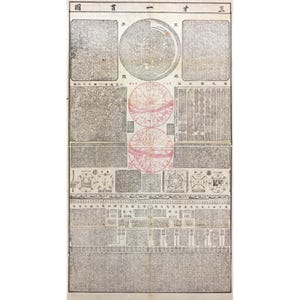May include: A vintage paper print featuring a complex arrangement of traditional East Asian calligraphy, circular celestial diagrams, and two red-inked spherical maps. The document is densely packed with columns of black text and geometric charts.