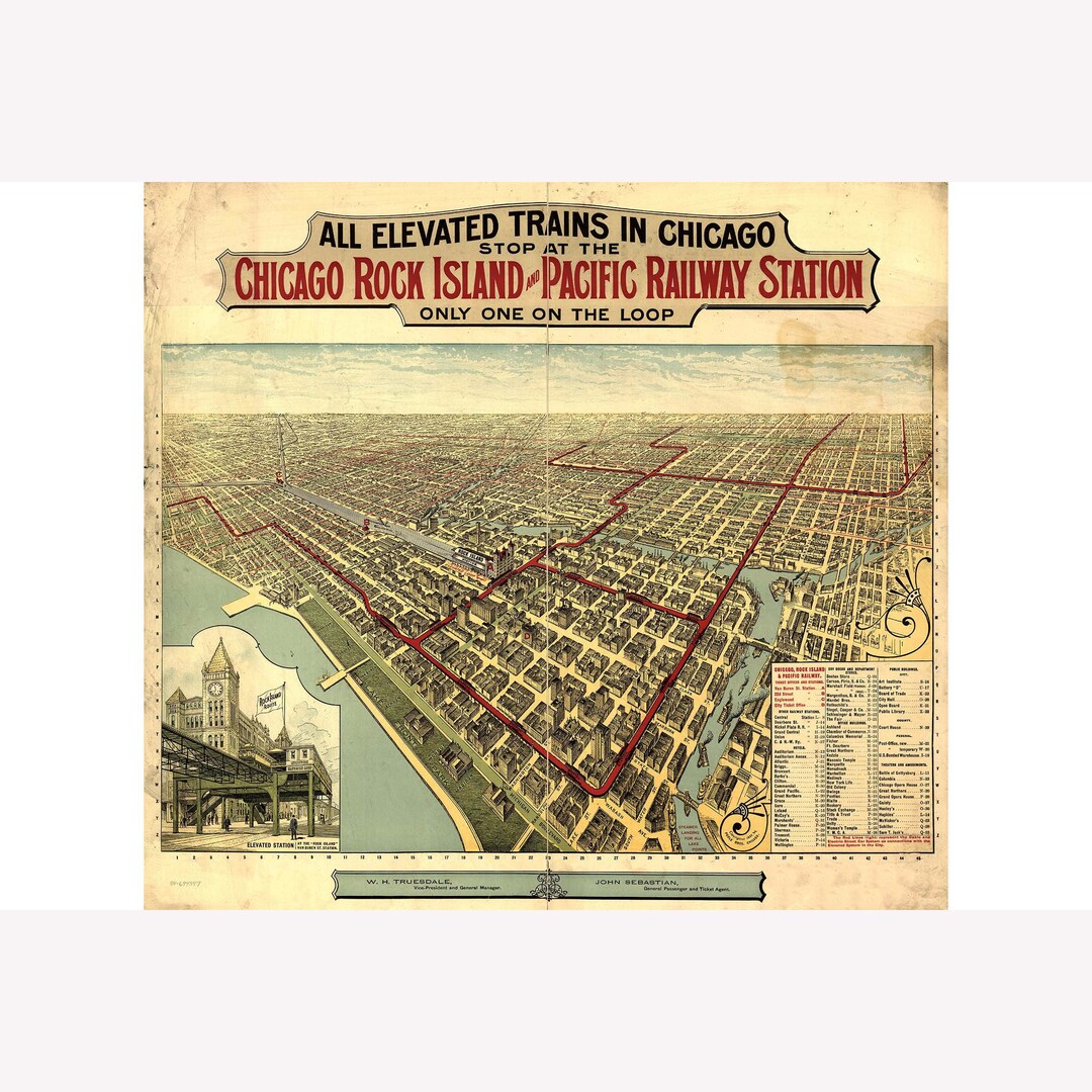 Map of Chicago Loop, 1897; Antique Map; Bird's Eye Map, Custom Printed ...