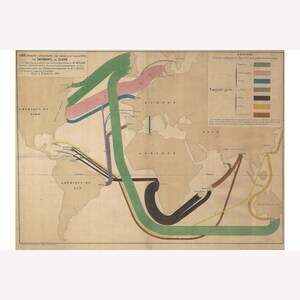 May include: A vintage map depicting global migration patterns in the late 19th century. The map shows colored lines representing the flow of immigrants from Europe, Asia, and Africa to North and South America. The map is titled "Les Emigrants du Globe" and includes a legend explaining the different colors used to represent the origin of the immigrants.