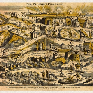 May include: A vintage illustration of "The Pilgrim's Progress" by John Bunyan. The image depicts a journey from the City of Destruction to the Celestial City, with various allegorical figures and landscapes along the way. The text "Or Christian's journey from the City of Destruction in this World to the CELESTIAL CITY in the WORLD that is to Come" is included at the bottom.