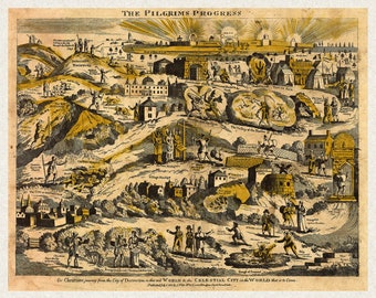 Illustration Map of The Pilgrim&#39;s Progress, 1813 -  Teak Wood Magnetic Hanger Frame Optional
