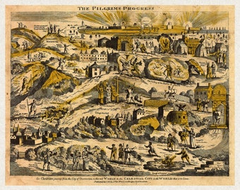 Illustration Map of The Pilgrim's Progress, 1813 -  Teak Wood Magnetic Hanger Frame Optional