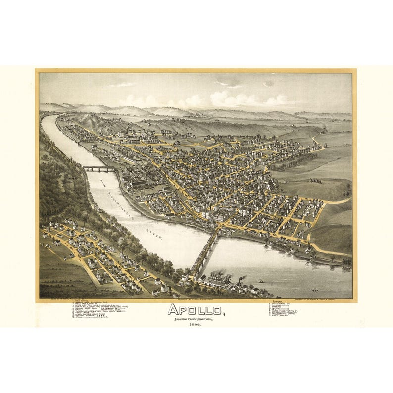 Apollo Pennsylvania 1896 Bird's Eye View Drawing of Historic Township ...