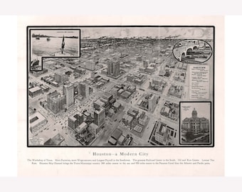 Houston, Texas Antique Birdseye Map; 1912 -  Teak Wood Magnetic Hanger Frame Optional