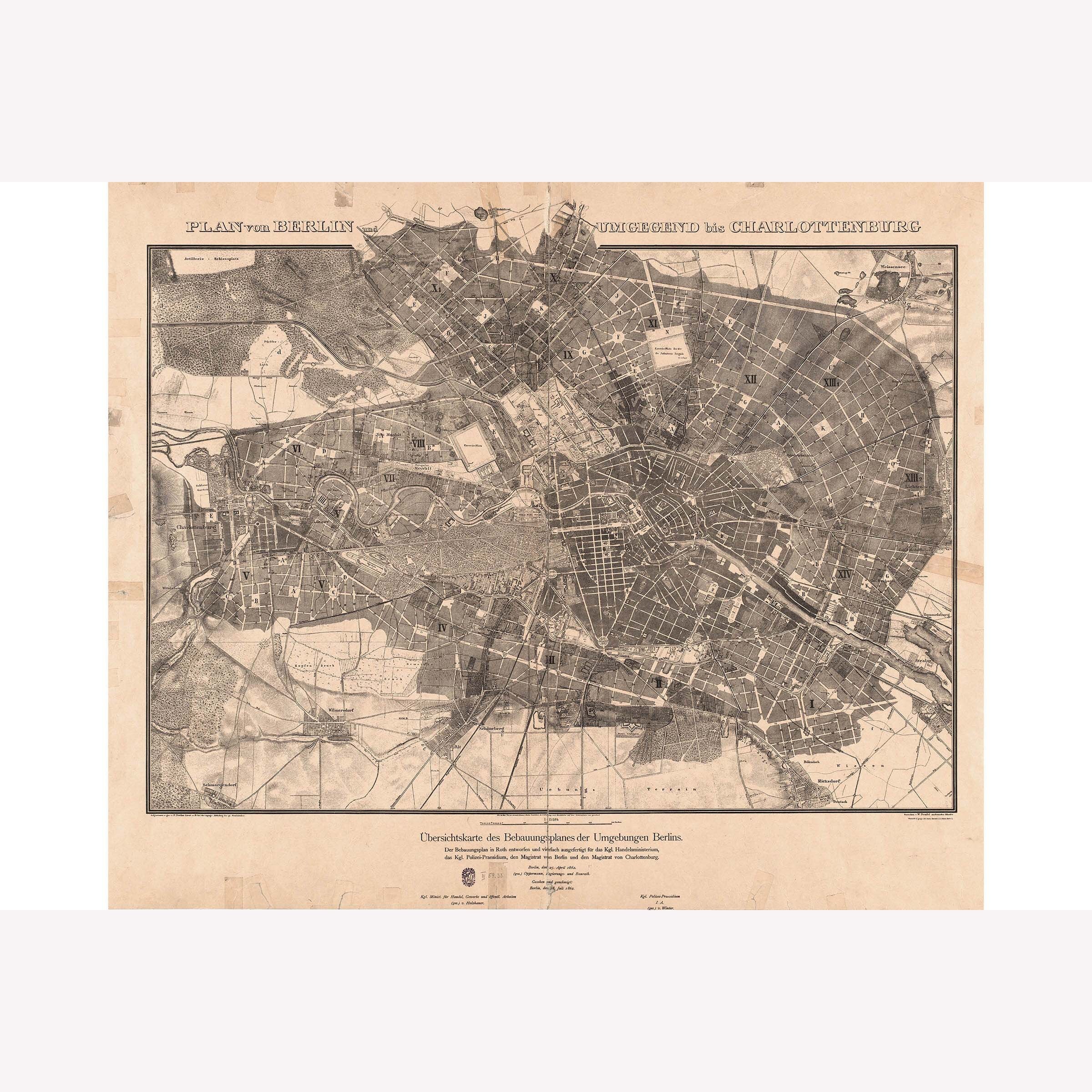 Berlin; Antique Map by Boehm, 1862 -  Teak Wood Magnetic Hanger Frame Optional