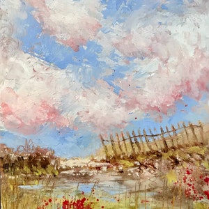 May include: An impressionistic landscape painting featuring a sky with fluffy pink and white clouds against a light blue backdrop. A weathered wooden fence is visible near the horizon, with a foreground of water and tall grasses.