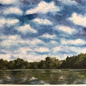 Clouds. Print of Original Painting. Cloud Painting, Sky Painting, Landscape, Reflection, Trees, Wall Art.