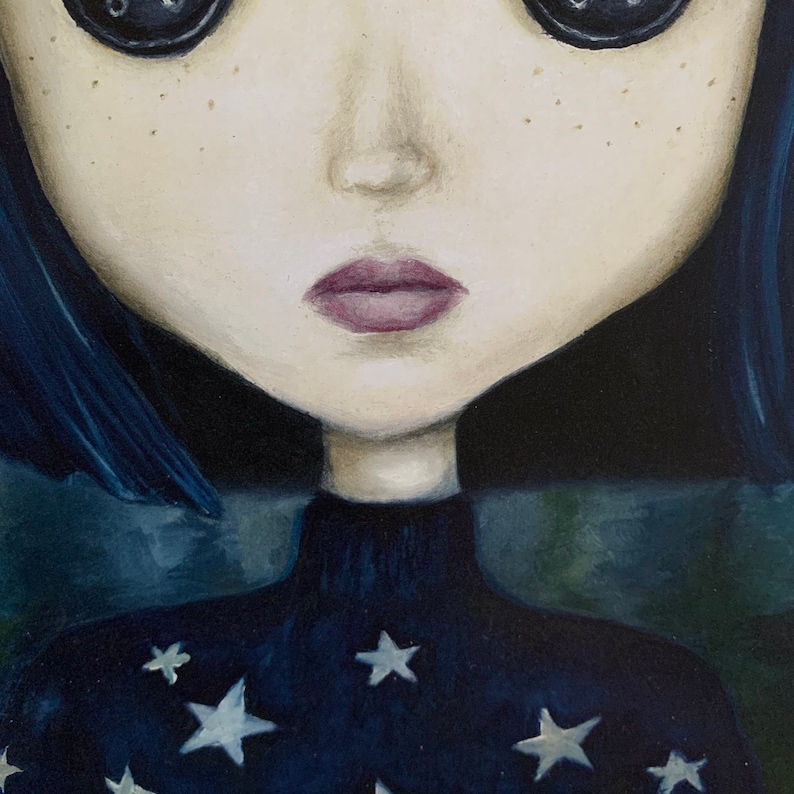 May include: A painting of a girl with large, dark eyes and a serious expression. She has a pale complexion and freckles. She is wearing a dark blue turtleneck sweater with white stars.