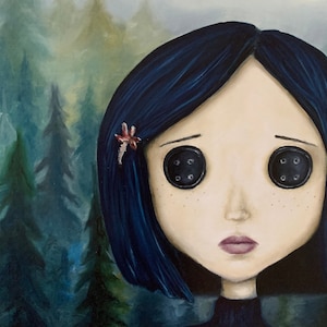 May include: A painting of a girl with blue hair and button eyes. She is wearing a dark blue sweater with white stars. The background is a dark blue forest.