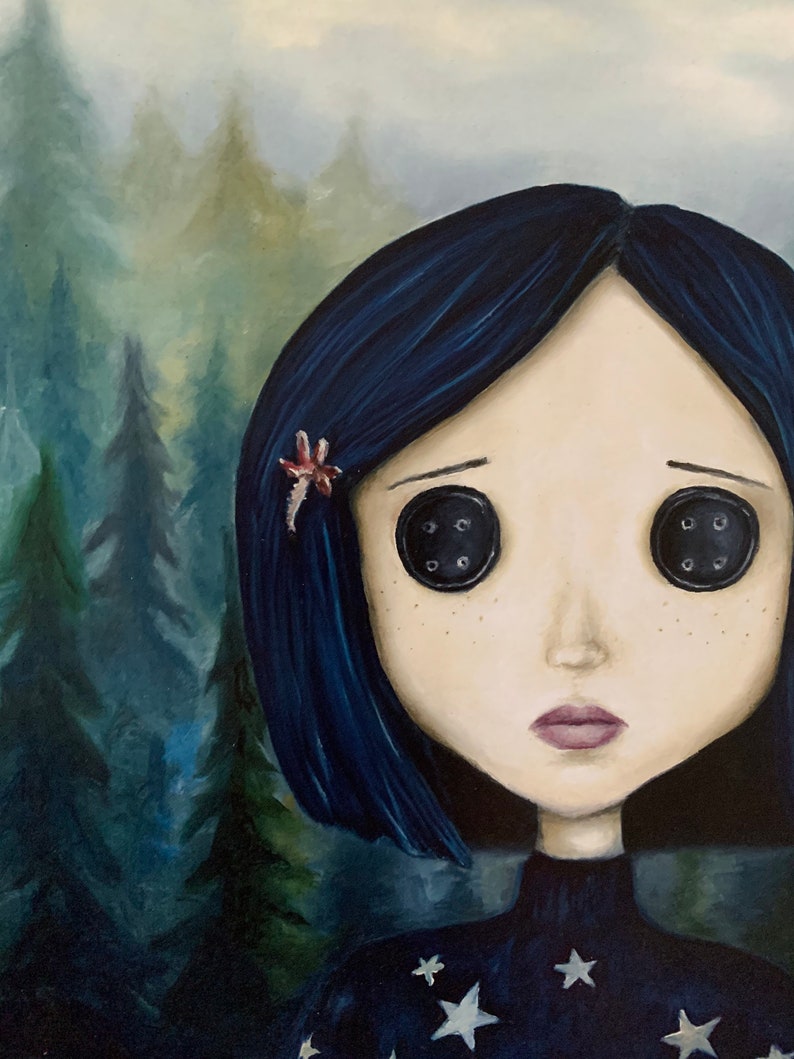 May include: A painting of a girl with blue hair and button eyes. She is wearing a dark blue sweater with white stars. The background is a dark blue forest.