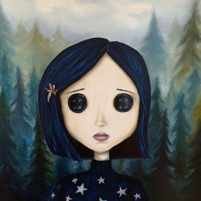 May include: A painting of a girl with blue hair and button eyes. She is wearing a dark blue sweater with white stars. The background is a dark blue forest.