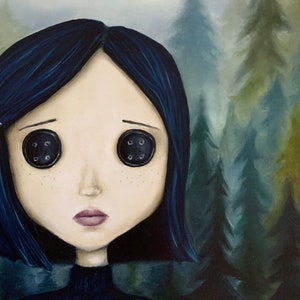 May include: A painting of a young girl with blue hair and button eyes. She is wearing a dark blue sweater with silver stars. The background is a dark forest.