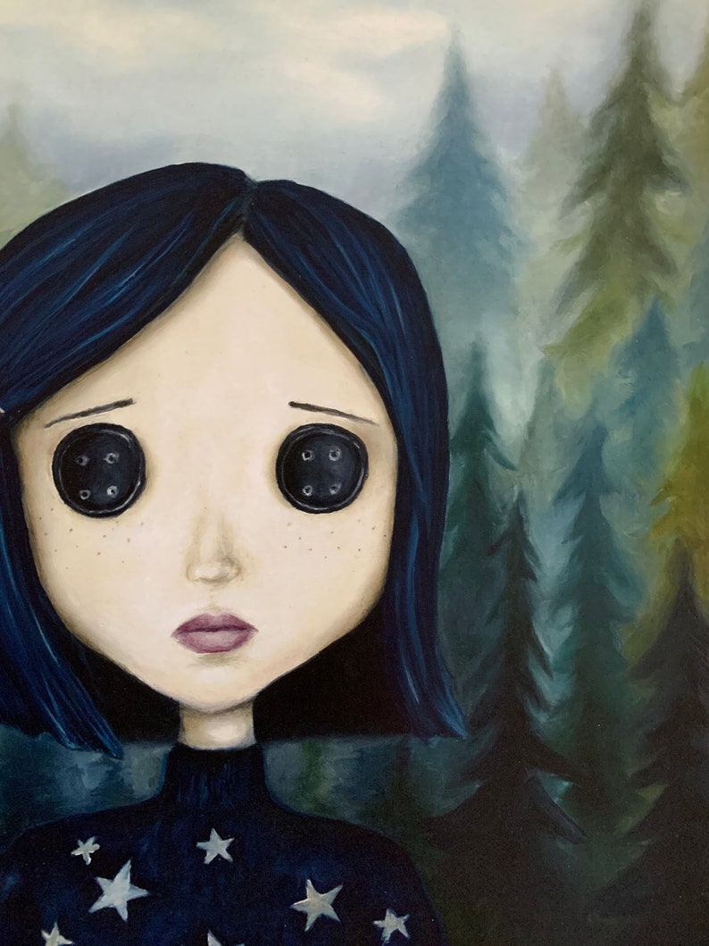 May include: A painting of a young girl with blue hair and button eyes. She is wearing a dark blue sweater with silver stars. The background is a dark forest.