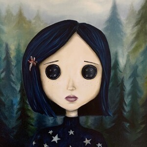 May include: A painting of a girl with dark blue hair and button eyes. She is wearing a dark blue sweater with white stars. The background is a dark green forest.
