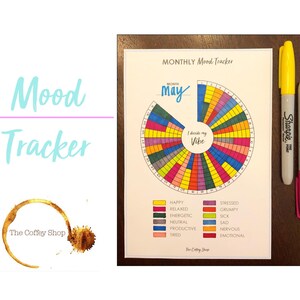 May include: A monthly mood tracker chart for May with a circular color-coded grid, labeled "I decide my Vibe" in the center, accompanied by a yellow and a pink Sharpie marker. The chart includes a legend mapping colors to various moods.