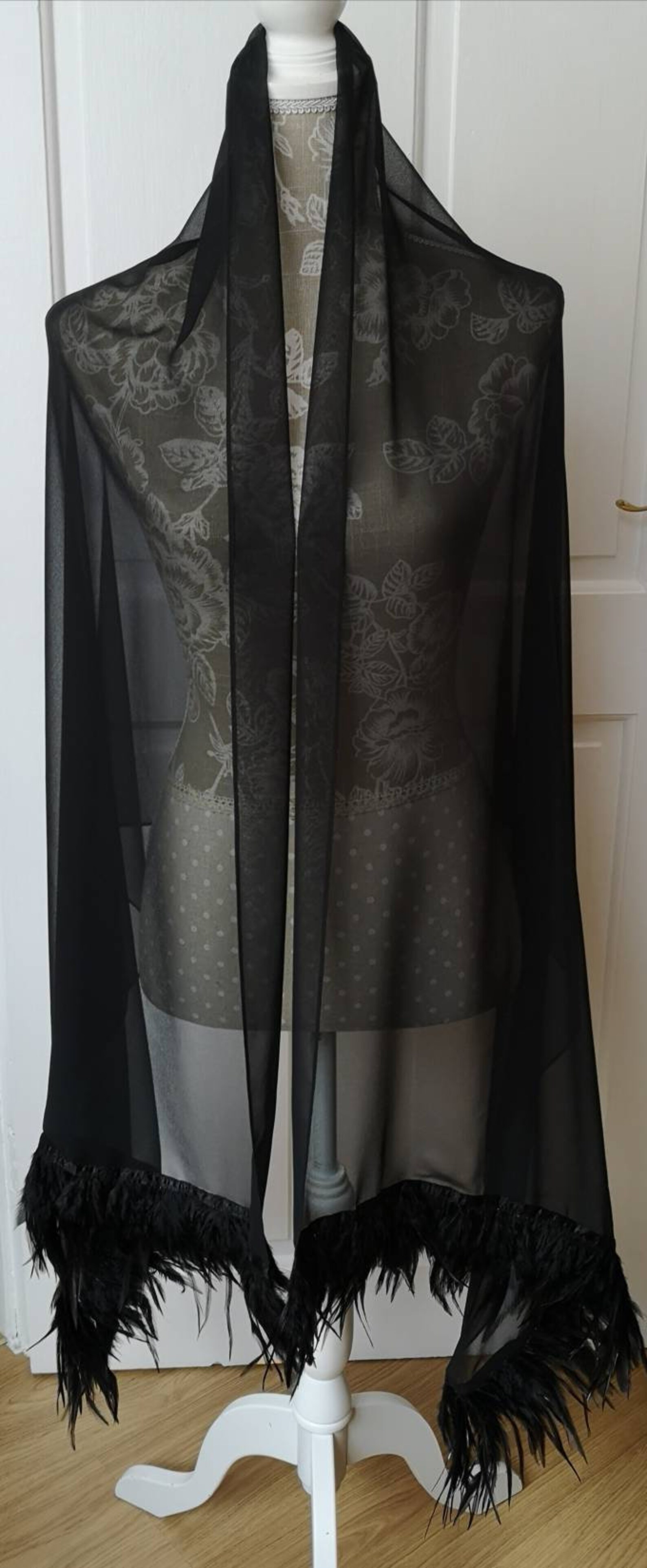 Black Chiffon Evening Wrap with Feather Trims | Etsy