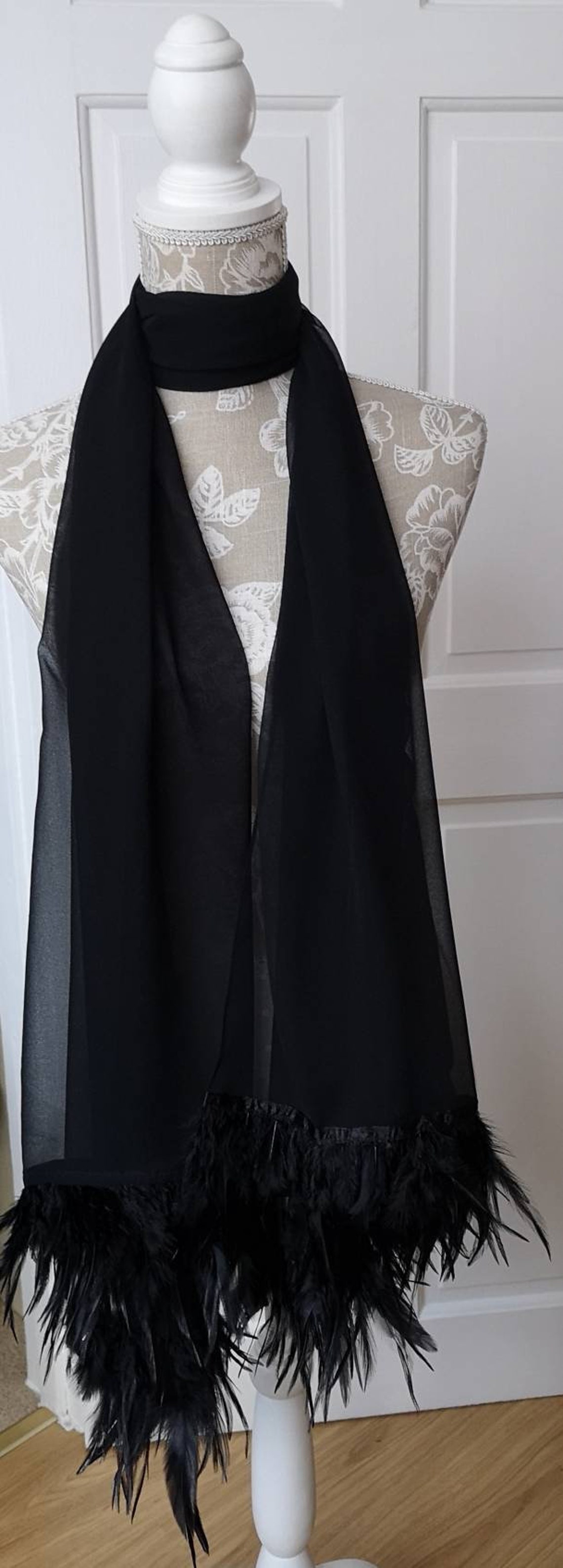 Black Chiffon Evening Wrap with Feather Trims | Etsy