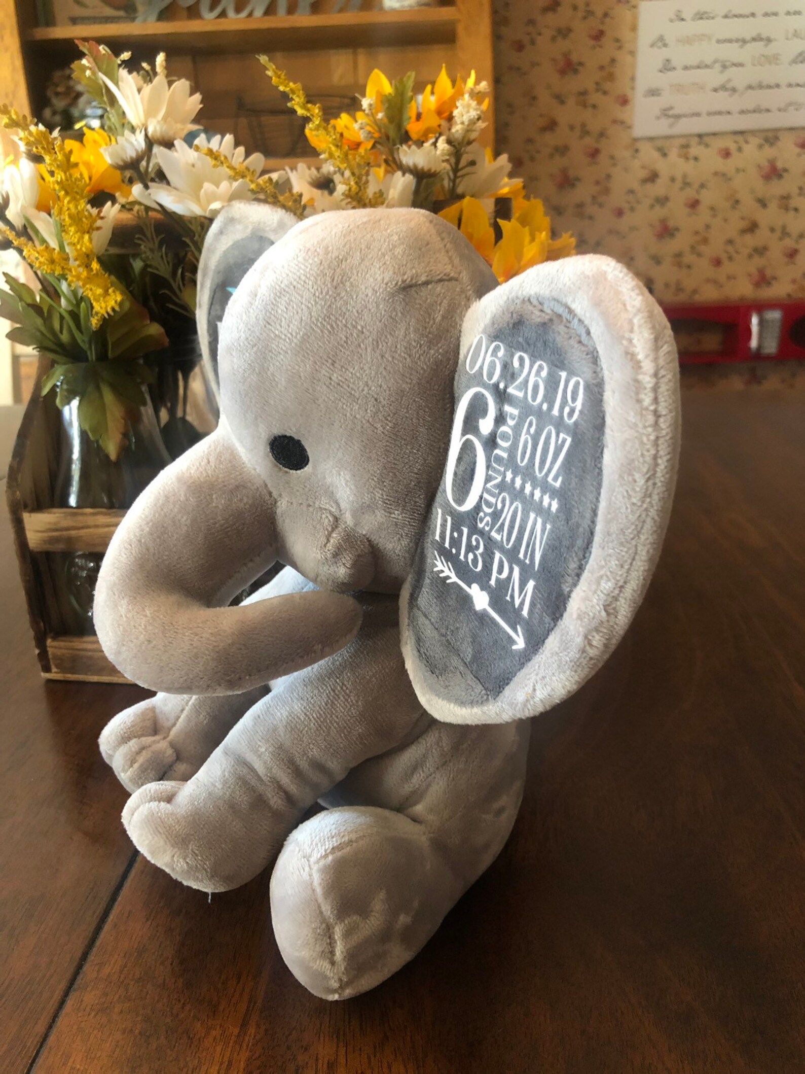 Stuffed Elephant Baby Gift / Baby Birth Statistics Elephant / Baby Shower Gift / New Baby Gift