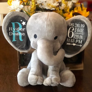 Stuffed elephant baby gift / baby birth statistics elephant / baby shower gift / new baby gift