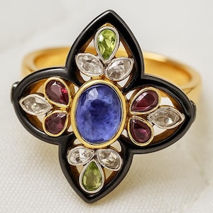 14k Gold Plated Tanzanite Tourmaline Ring: Victorian Rose Cut Diamond Jewelry