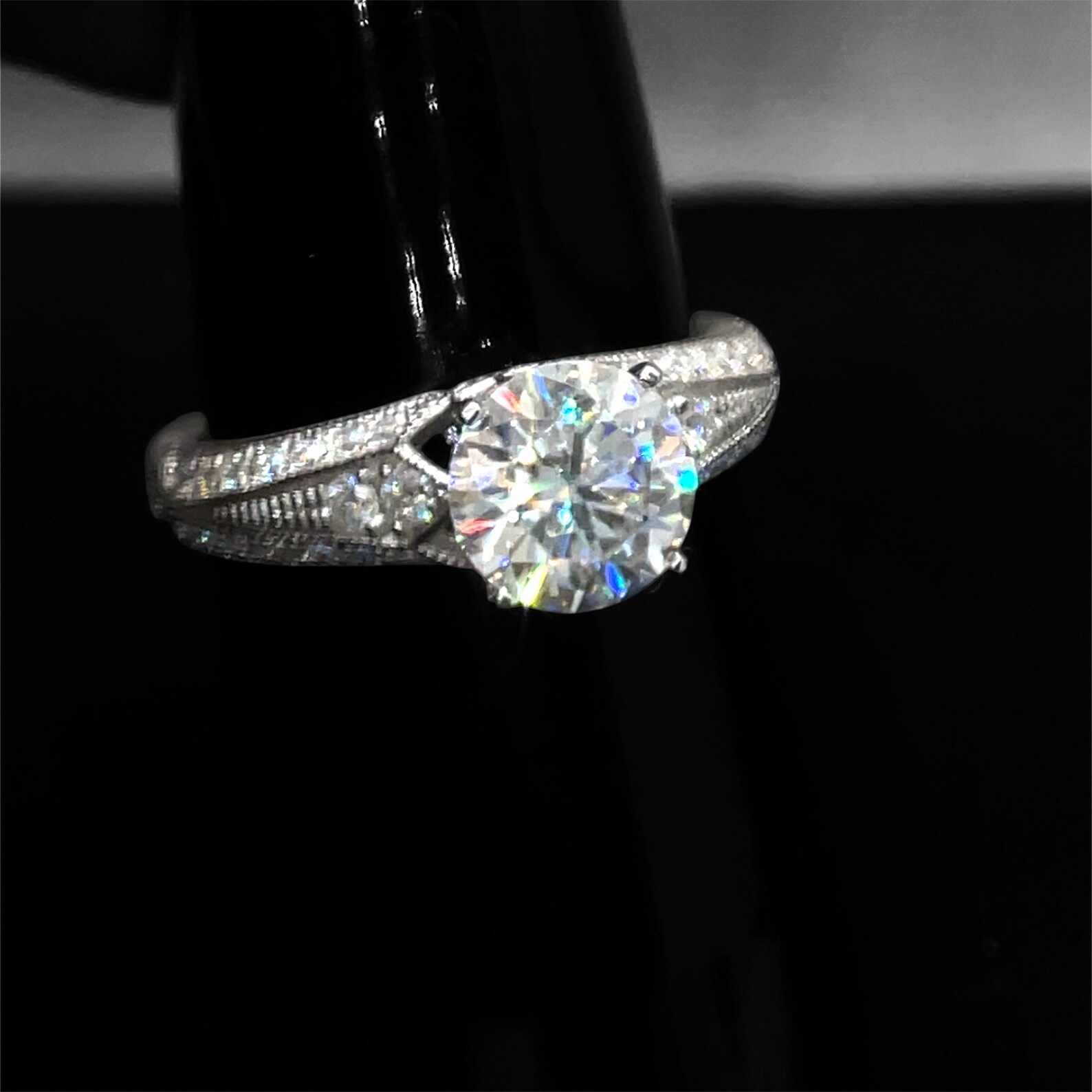 Moissanite Engagement Ring Set: 7.5mm Round DEF, Sterling Silver Bridal ...