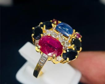 Bague multi-pierres en grappe | Rubis, tanzanite, saphir, diamant, argent sterling plaqué or