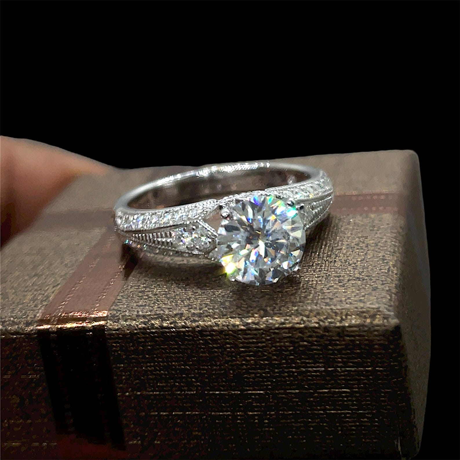 Moissanite Engagement Ring Set: 7.5mm Round DEF, Sterling Silver Bridal ...