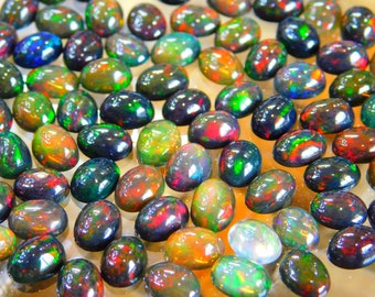 7x5 mm Oval Natural Rainbow Fire Black Opal 10 Pieces Wholesale Lot Ethiopian Black Opal Cabochon Calibrated Loose Gemstones