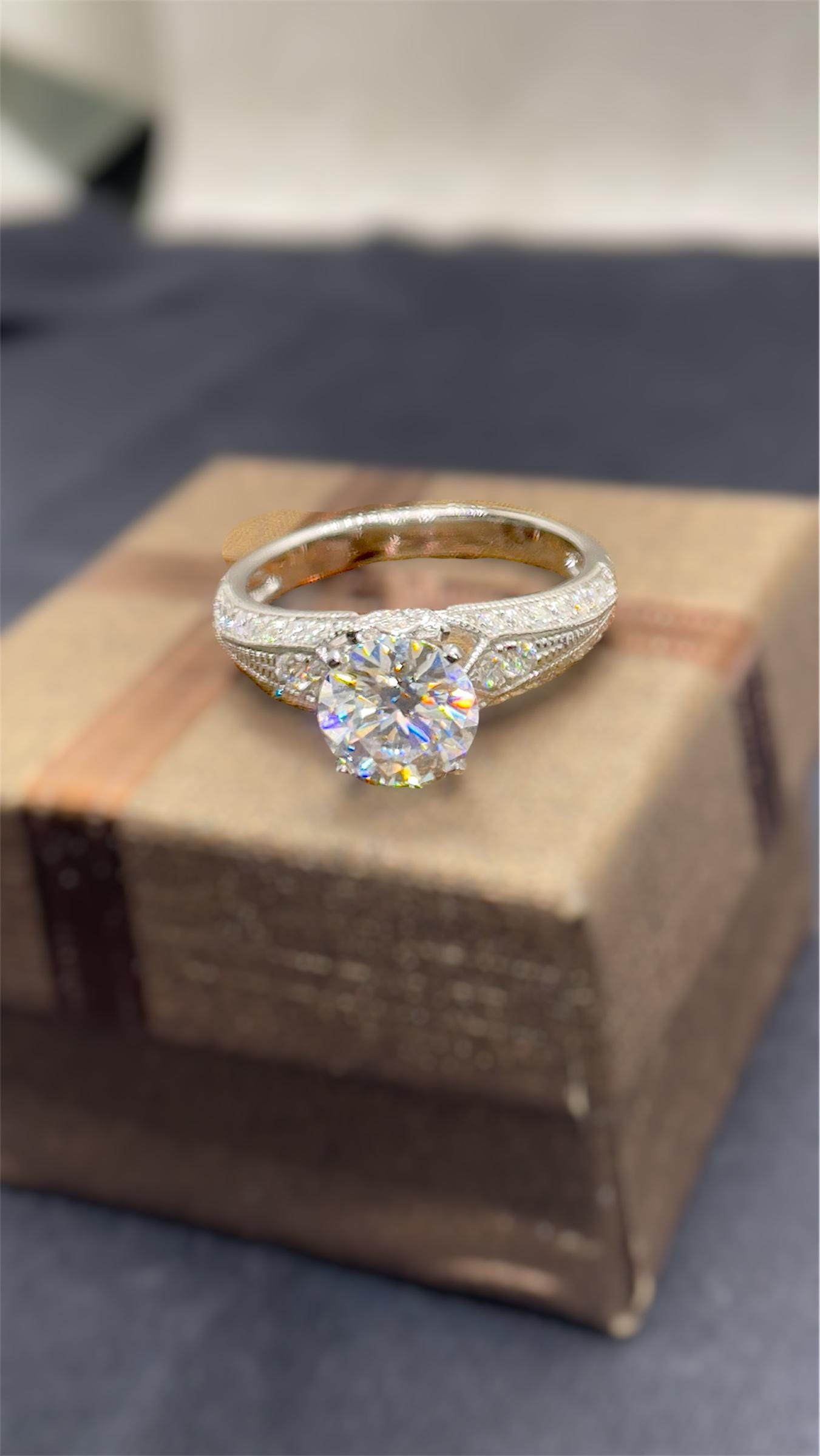 Moissanite Engagement Ring Set: 7.5mm Round DEF, Sterling Silver Bridal ...
