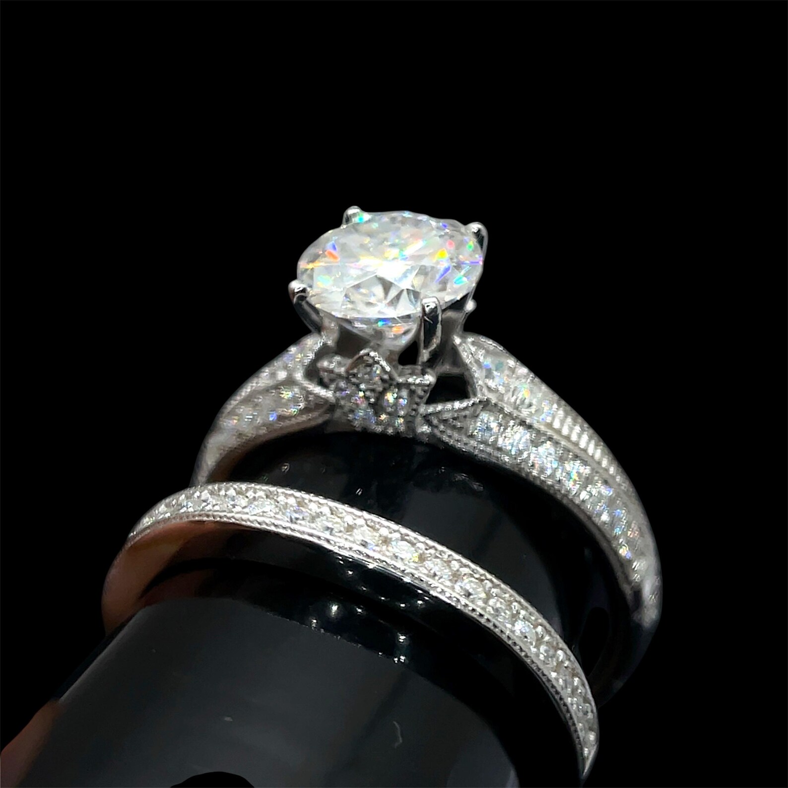 Moissanite Engagement Ring Set: 7.5mm Round DEF, Sterling Silver Bridal ...
