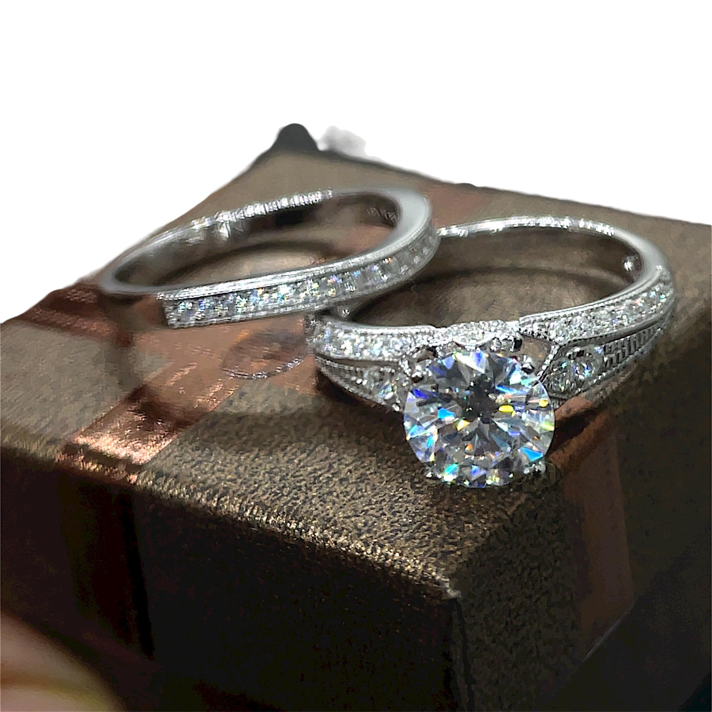 Moissanite Engagement Ring Set: 7.5mm Round DEF, Sterling Silver Bridal ...
