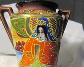 1920 39 s satsuma moriage vase, woman design, medium size,2 handled, brown, orange, green, super condition, collectible, Oriental, handpainted