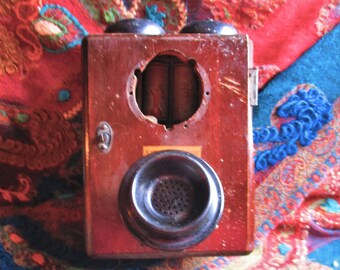 antique oak wood wall phone casing, 2 round top bells, speaker unit, electrical innards, perfect steampunk art supply, 1910's fabulous find