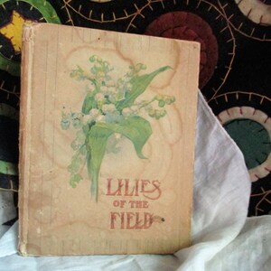 livre antique, Lys des champs, œuvre d’art édouardienne des années 1900 et message de prière, exposition shabby chic, petit livre, jeton d’amitié