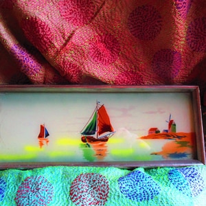 art deco reversed painted glass, small trinket tray, 1920's, metal frame and handles, sailboats at sunset,  teapot and cup sized, wood base