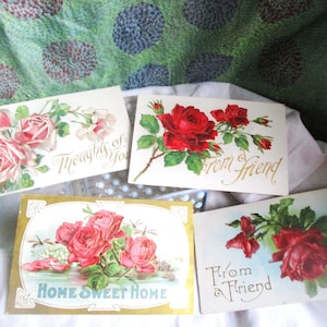 4 cartoline con motivo rosa, vittoriane, in rilievo, cartoline di amicizia, sentimentali, gentili, 3 inutilizzate, 1 scritta, effimera floreale, amante delle rose