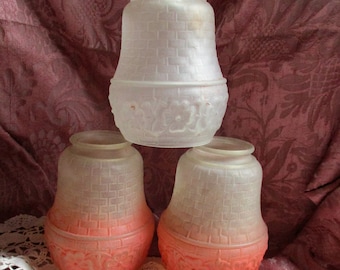 3 molded glass lampshades, 1910's/20's, textured glass, floral and woven design, 2 pink/white, 1 white, use both ends style, antique fixture