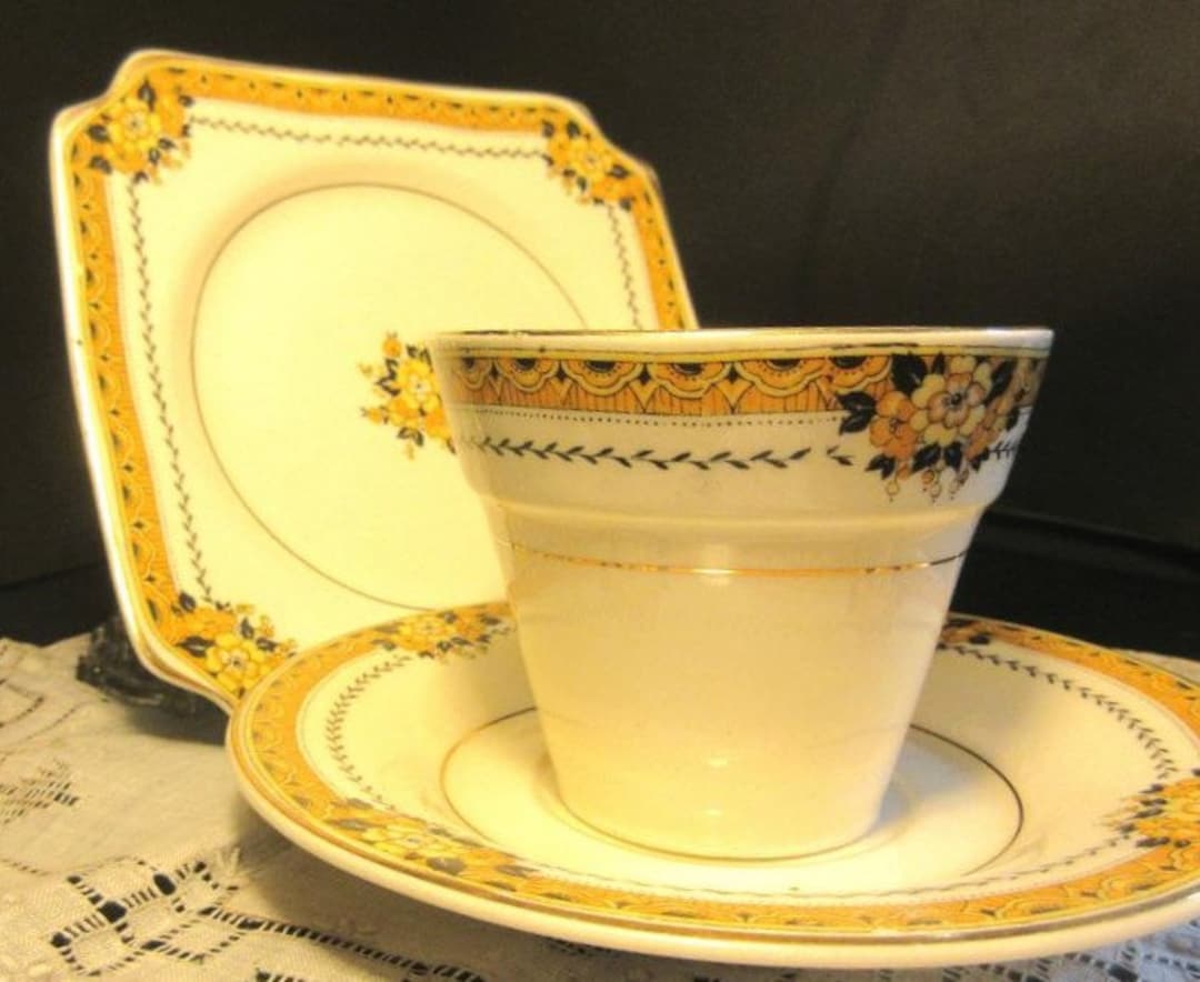 Art Deco Myott Trio, Cup Saucer Plate, Floral and Geometric Pattern