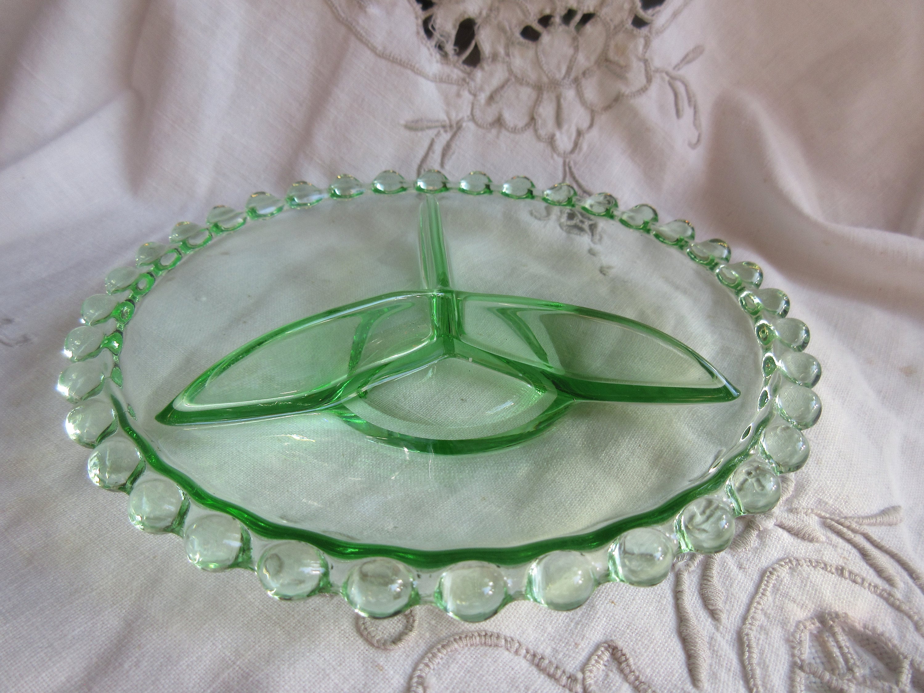 Green Glass Serving Dish, 3 Sections, Hobnobbed Edge, Condiments