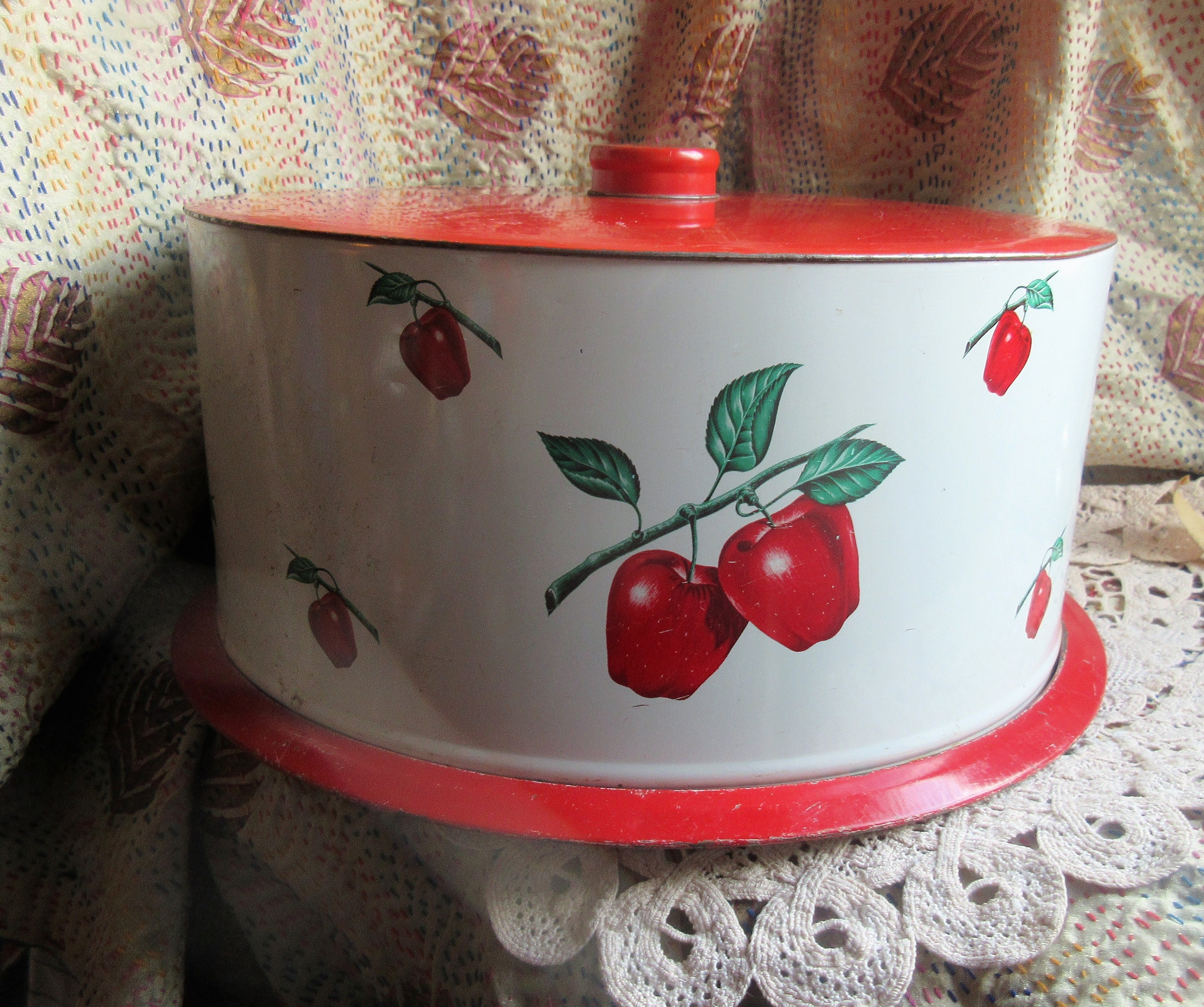 Antique Kitchen 12 Metal Cake Carrier Pan White w/Red Flowers Handle -  antiques - by owner - collectibles sale 
