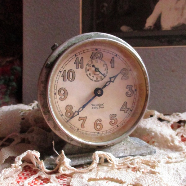 early Westclox baby Ben alarm clock,  works! 1910's, total steampunk design, rare find, fabulous patina, great display piece, collectible