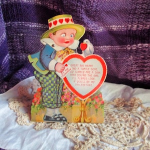 1920er Valentinstag, 3 D Stand-Up Karte, Google Augen, bewegliche Teile, entzückender Junge mit Liebesvogel und Nachricht, Valentinstag Dekor, Ephemera
