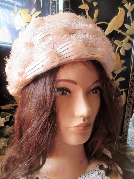 60's pale pink/beige summer hat, pillbox style, t… - image 7